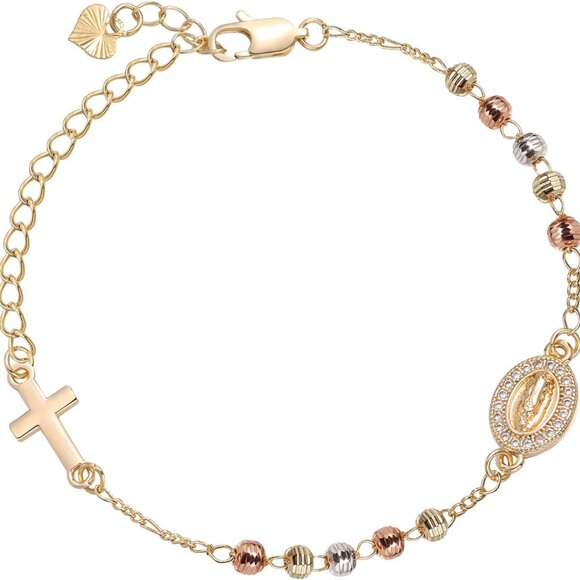 Religious Gift Rosary Bracelet for Women 14K Gold Plated Virgin Mary Catholic - Picture 1 of 6
